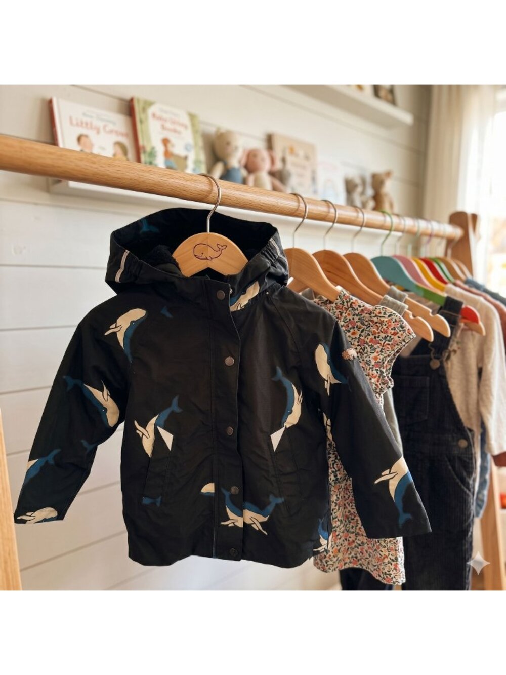 Toastie Tiny Explorer Unisex Kids Size 5-6 Black Whale Print Hooded Rain Jacket